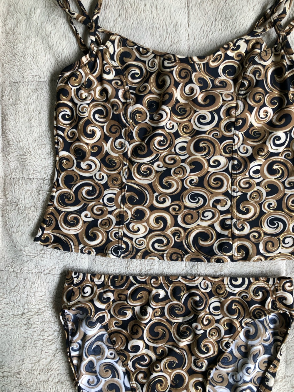 90s Y2K Swirl Print Retro Two-Piece Tankini Swim Set in Black, Gold & White - Picture 5 of 14